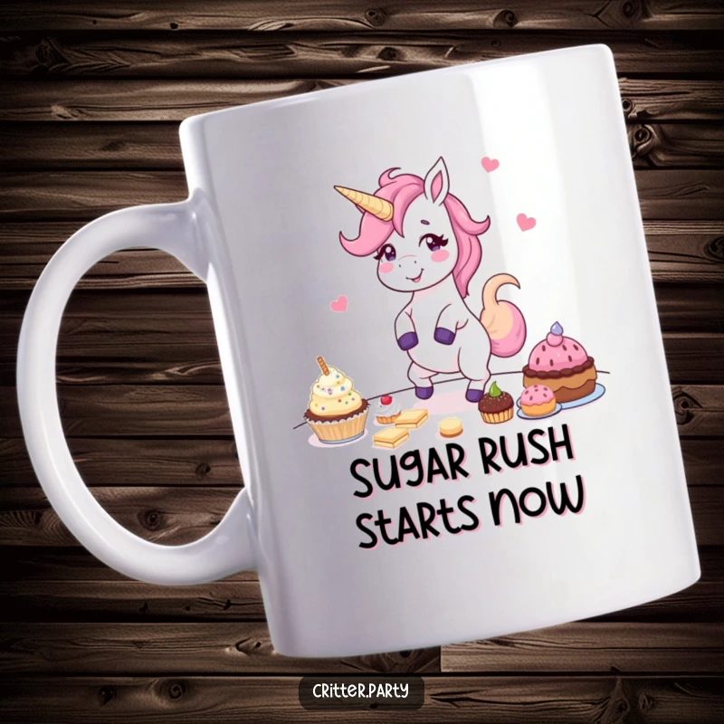 Funny mug featuring a giggling unicorn ecstatically dancing around a table overflowing with delicious party treats, conveying pure celebratory joy.