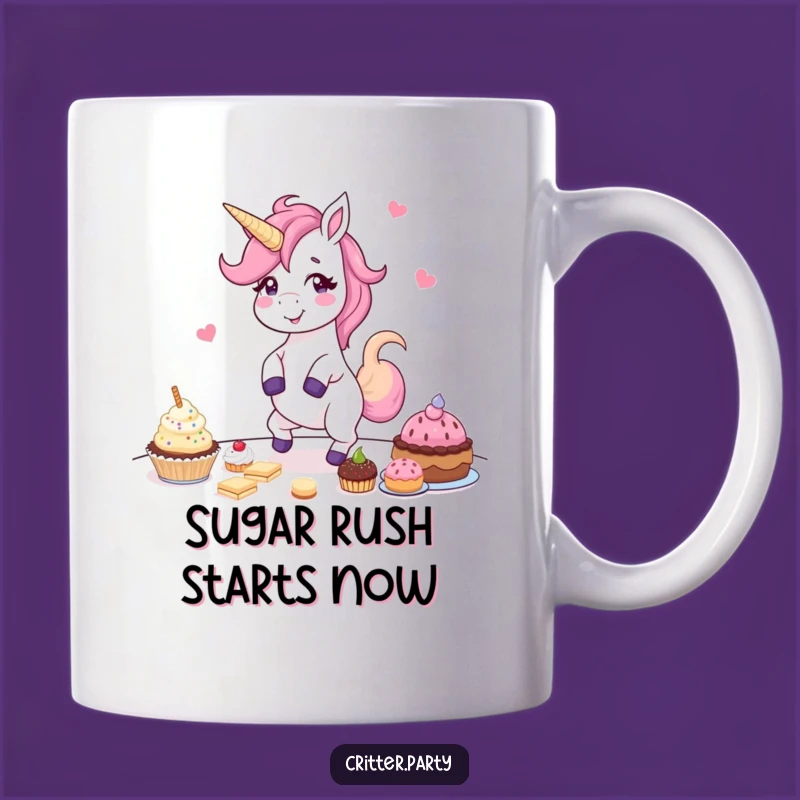 Funny Unicorn Party Mug: Giggling Dancer Enjoying Sweet Treats, Perfect Gift