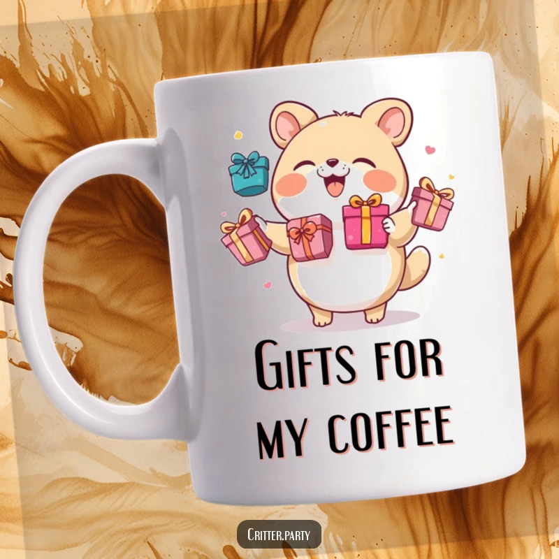 Funny mug of a round animal character giggling while juggling several brightly colored gift boxes with joyful abandon.