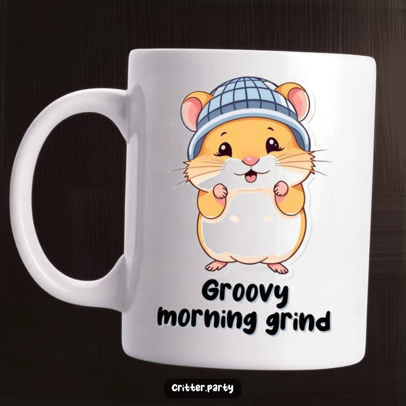 Funny hamster mug featuring a cute character in a miniature disco ball helmet, striking a hilariously silly pose.