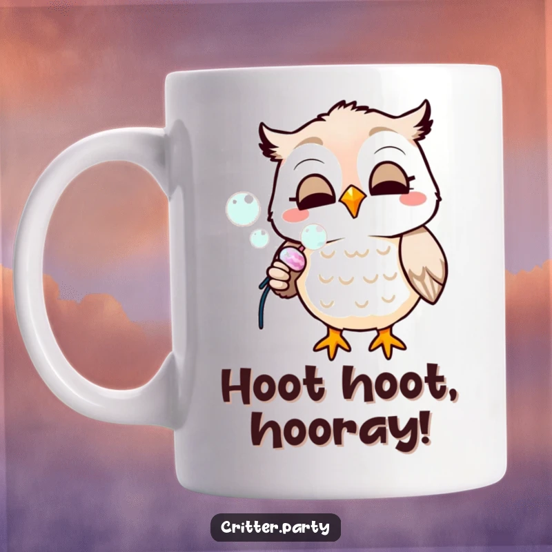 Funny mug featuring a smiling owl joyfully blowing iridescent bubbles from a small, colorful party popper, exuding festive delight.