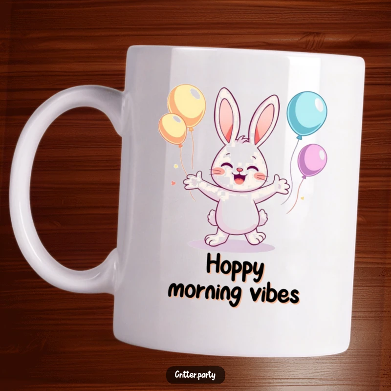 Funny mug of a cute bunny character enthusiastically dancing with arms flailing, surrounded by colorful floating balloons.