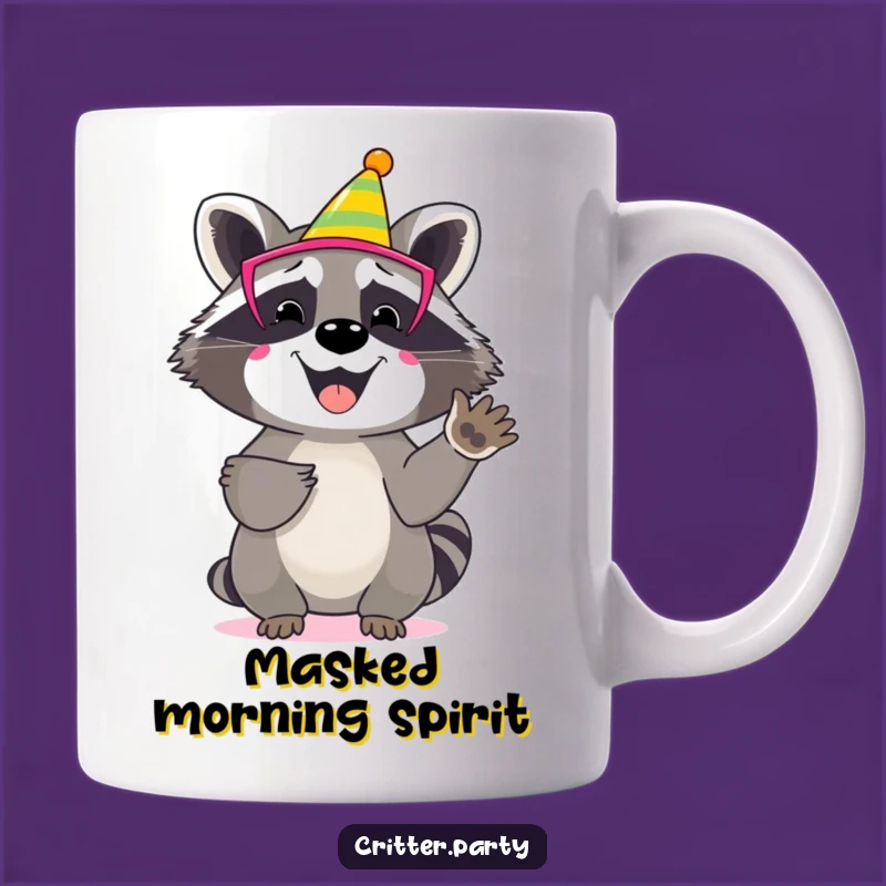 Funny Raccoon Party Mask Mug: Happy Clapping Character Gift