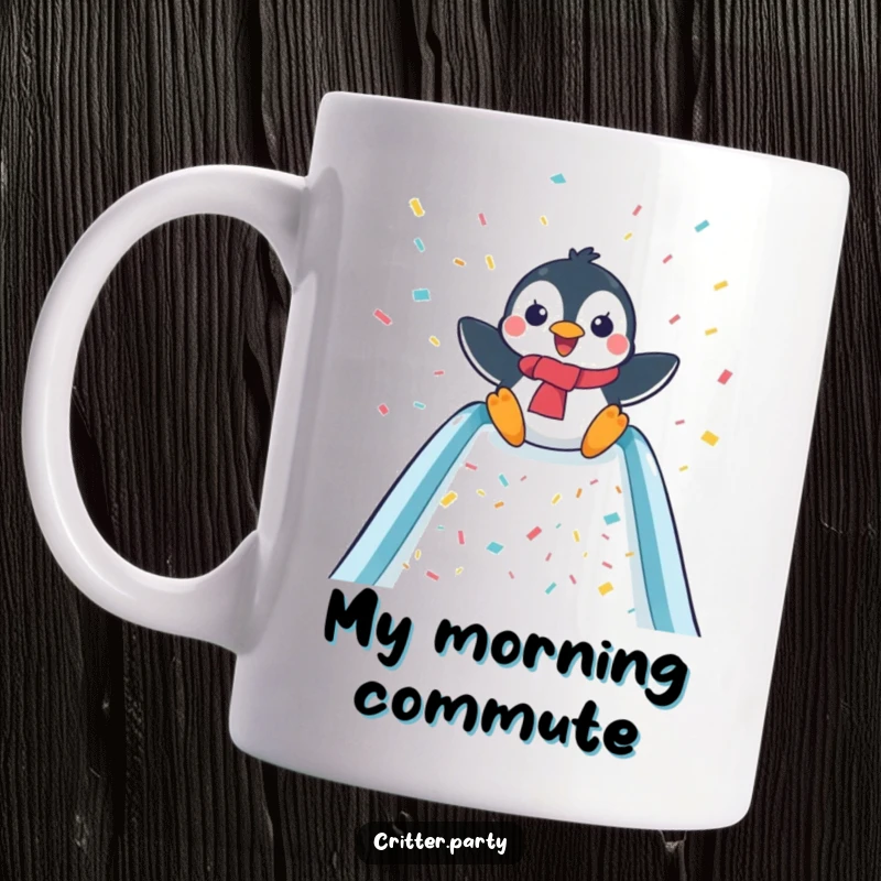 Funny penguin sliding down a confetti-covered slide mug, capturing pure delight and energetic fun, great for a funny gift.