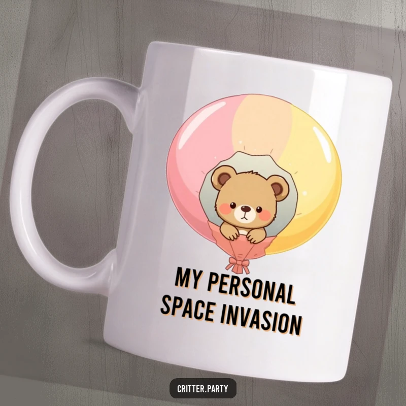 Funny bear cub peeking from popped balloon mug, showcasing curiosity and playful mischief, a perfect cute and funny gift.