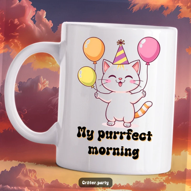 Funny cat wearing a party hat, joyfully juggling colorful balloons, a whimsical and cheerful design on a mug.