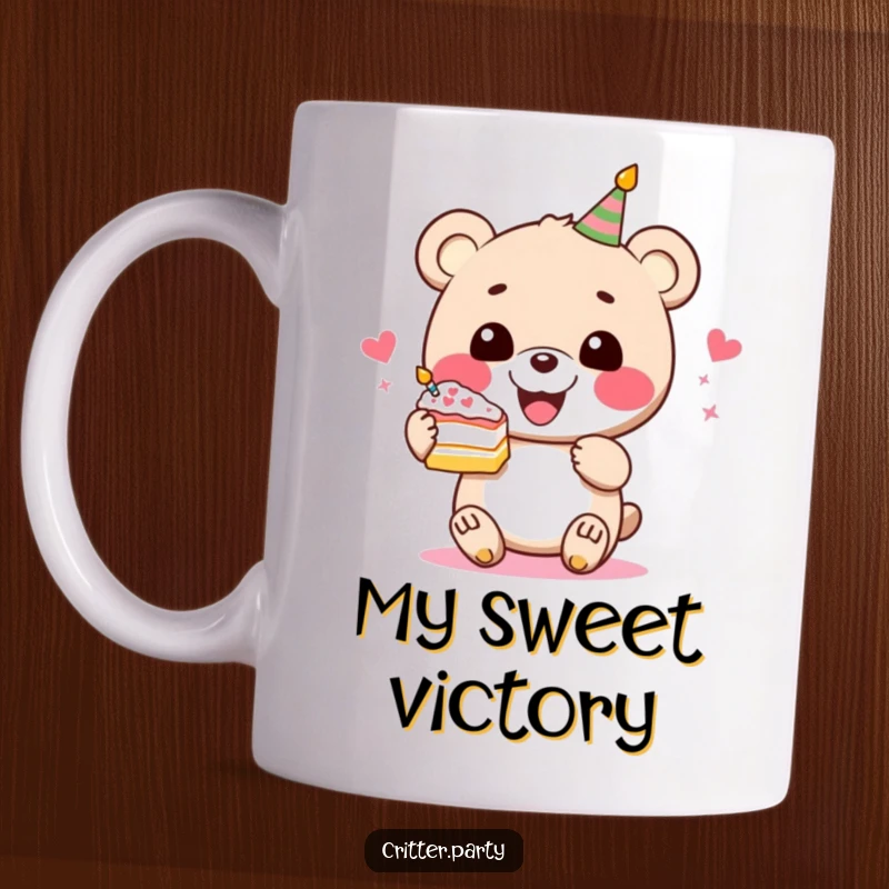 Funny bear mug featuring a perky bear character gleefully holding a slice of festive cake, bringing joy and humor.