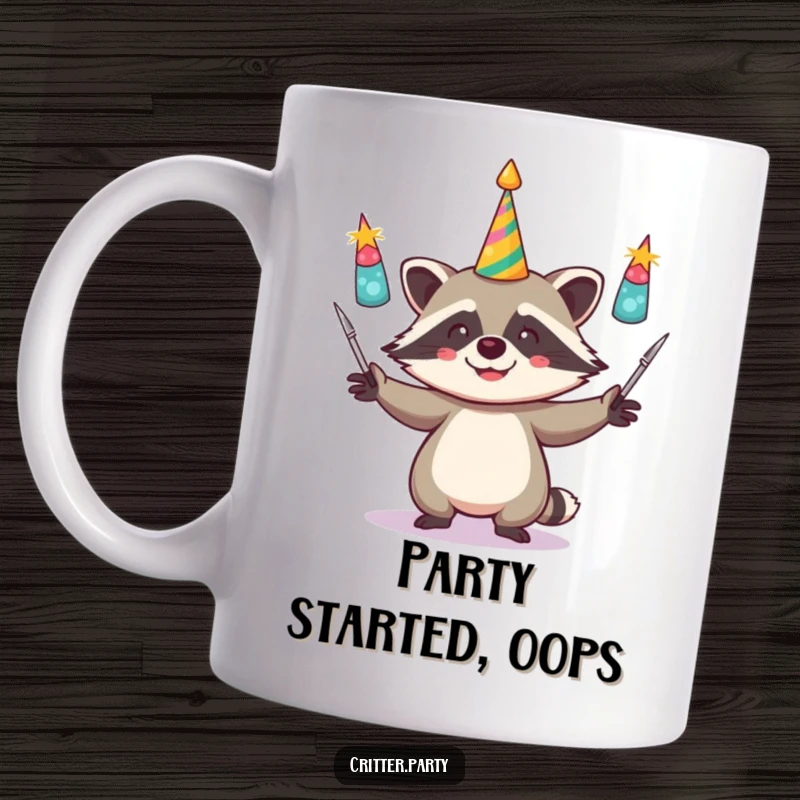Funny mug depicting a mischievous raccoon gleefully juggling three bright, shiny party horns, radiating chaotic fun and celebration.