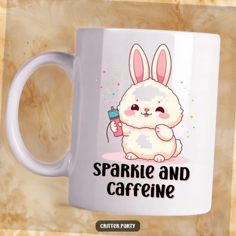 Funny bunny mug featuring a fluffy bunny character blissfully showered with glitter from a miniature party popper, embodying pure joy.