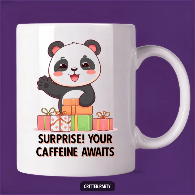 Funny Panda Waving Gift Mug: Joyful Panda Behind Presents, Perfect for Animal Lovers