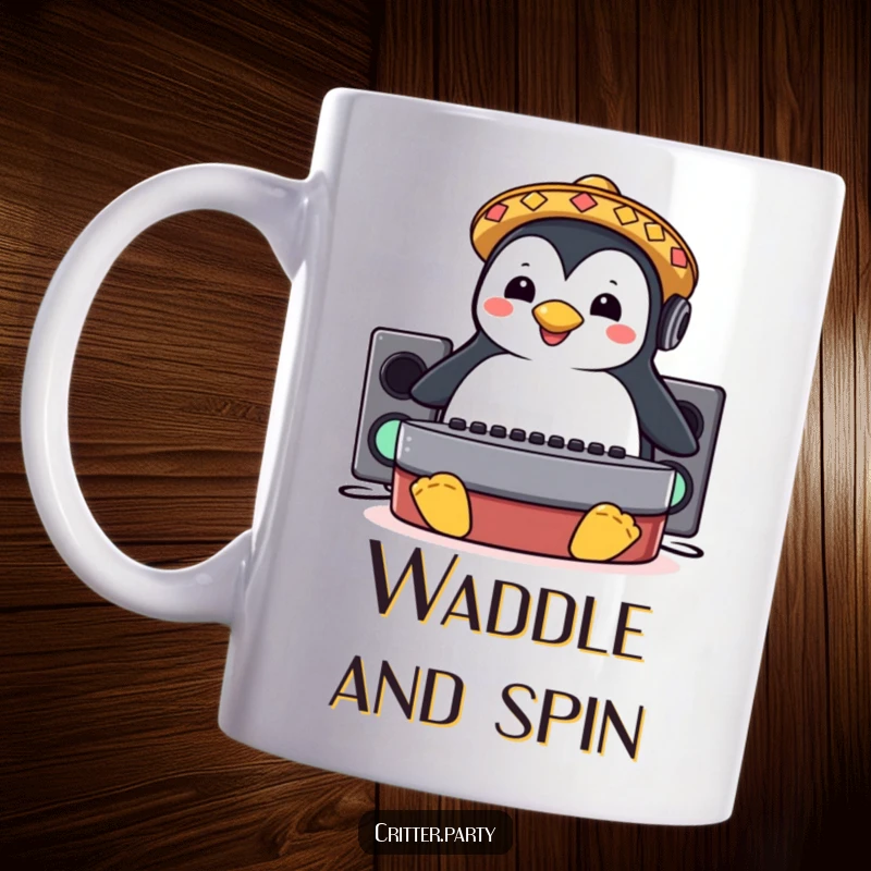 Funny mug featuring a happy penguin wearing a small sombrero, sliding across a DJ booth with turntables.