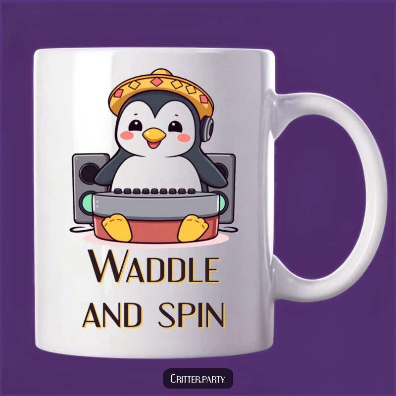 Funny Penguin Sombrero DJ Booth Slide Mug: Party Penguin Gift for Music Lovers