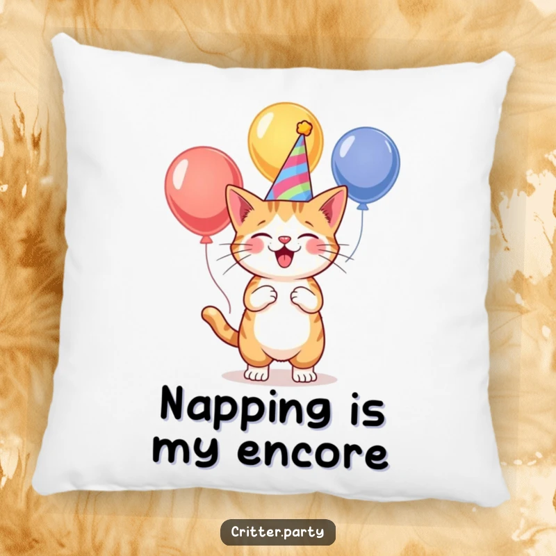 Soft, decorative funny cat pillow featuring a party hat-wearing cat juggling colorful balloons, adding a touch of whimsy.