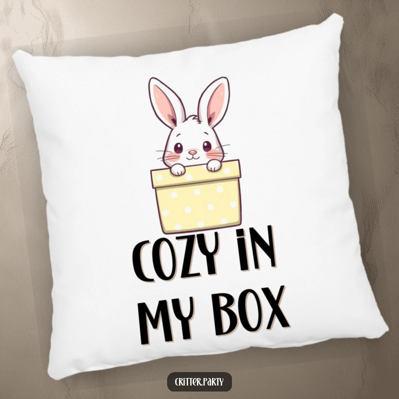 Funny pillow featuring a curious rabbit peeking out from a brightly wrapped gift box, offering cozy comfort and whimsical charm.