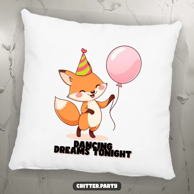 Funny pillow: A happy fox in a party hat dancing with a large balloon, providing comfort and humorous celebration.