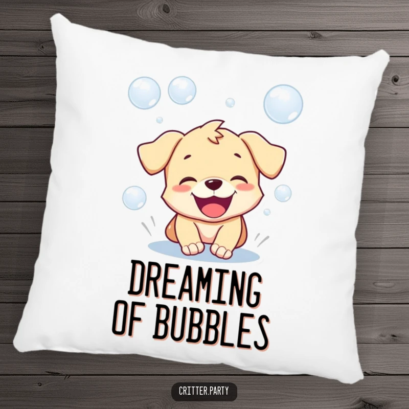 Funny pillow showcasing a playful puppy with a gleeful, open mouth, joyfully chasing after a stream of floating bubbles.