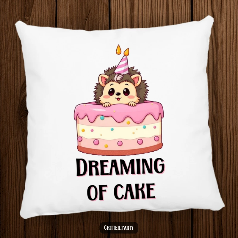 Funny pillow showcasing a curious hedgehog peeking out from a giant birthday cake, its expression one of delightful surprise.