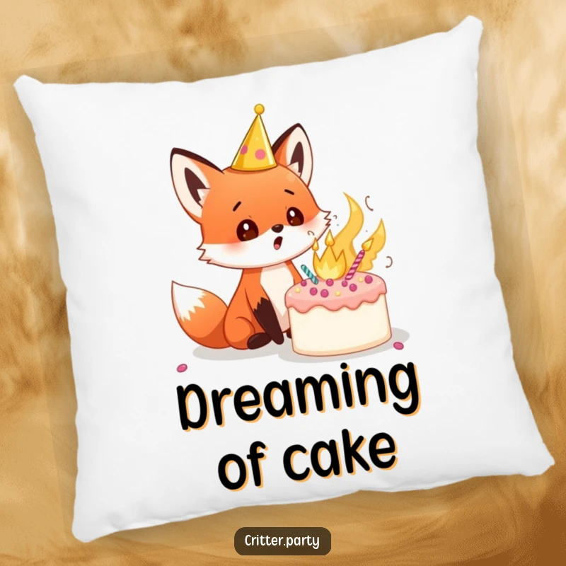Funny red fox cub pillow with a party crown, eyes wide with shock at an exploding cake, offering a cute and humorous decorative touch, splendid for a present.