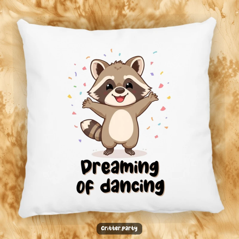 Funny pillow with a happy raccoon character dancing wildly amidst falling confetti, adding a whimsical and vibrant touch to relaxation spaces.