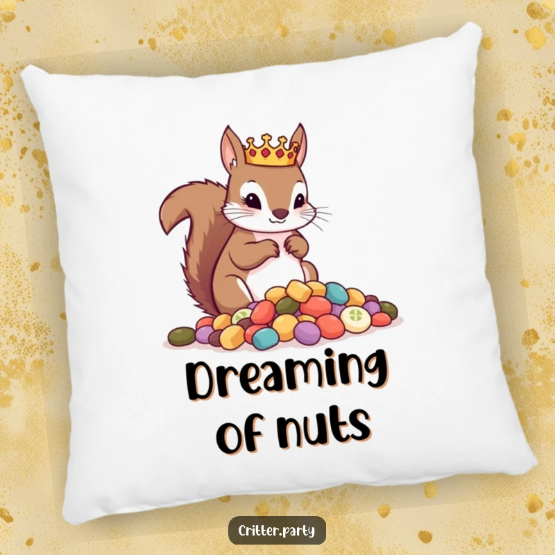 Funny pillow featuring a crowned squirrel surveying a pile of treats, adding a touch of whimsical royalty and comfort.