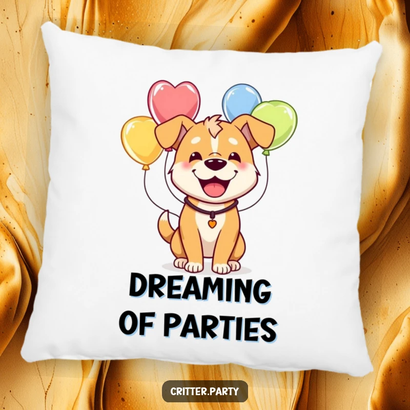 Funny pillow featuring a happy dog comically dressed in colorful balloons, offering comfort and a touch of playful charm.