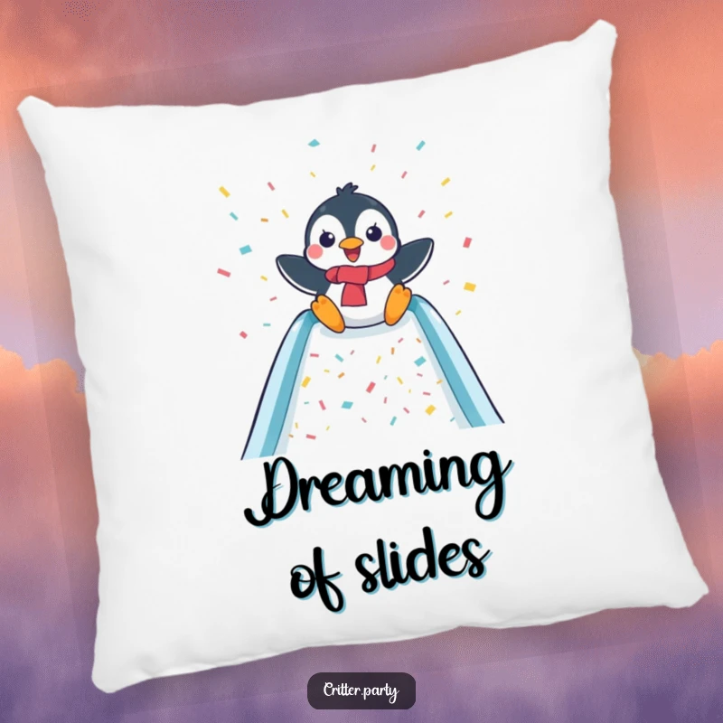 Funny and soft pillow featuring a delighted penguin sliding down a confetti-covered slide, bringing festive cheer to any room.
