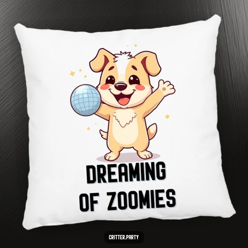 Funny, grinning dog dancing with a disco ball, a soft and decorative pillow for ultimate comfort and humor.