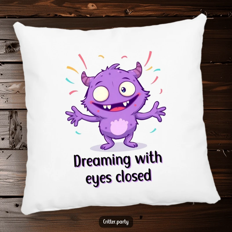 Funny purple monster pillow with multiple eyes, dancing with streamers, offering a quirky and comforting presence, splendid for a humorous present.