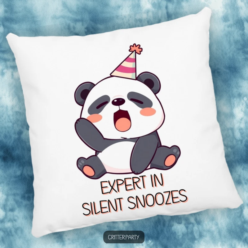 Soft pillow featuring a funny illustration of a sleepy panda in a party hat, yawning with abandon.