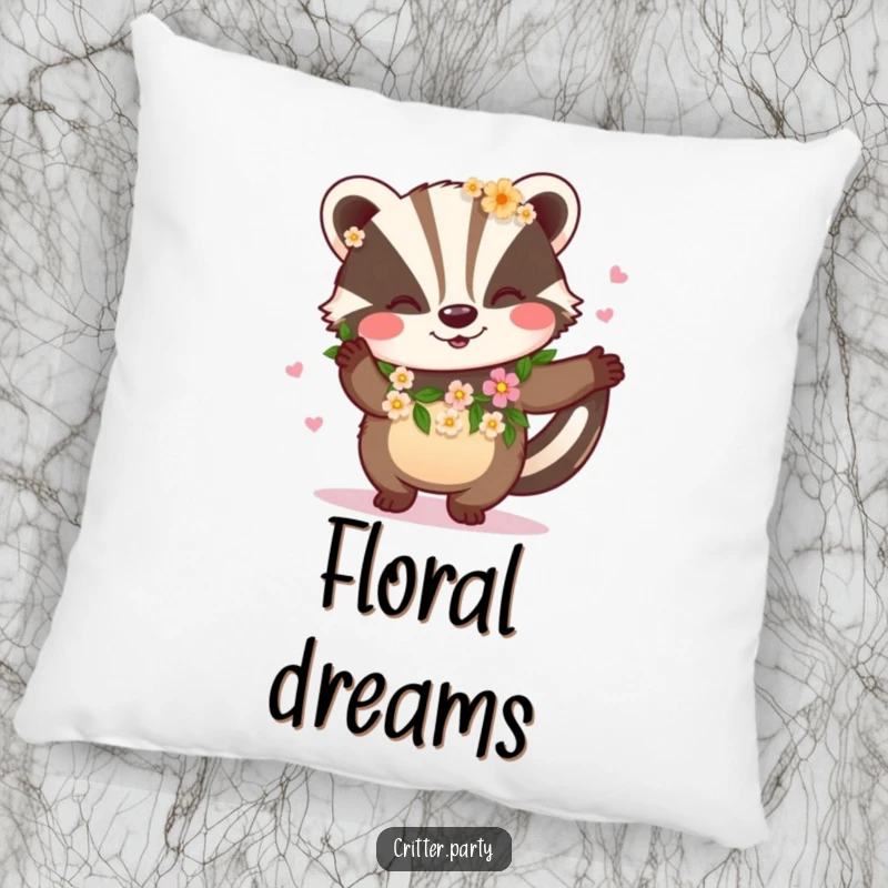 Funny and soft pillow featuring a happy badger wearing a flower garland and dancing, bringing natural charm and joy.