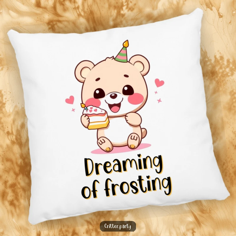 Funny bear cake pillow with a perky bear character gleefully holding a slice of festive cake, providing comfort and humor.