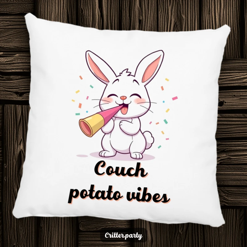 Funny giggling bunny blowing a party horn with confetti flying, a soft and decorative pillow.