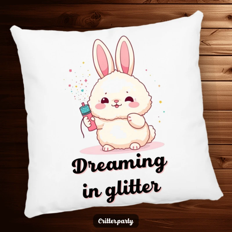 Funny bunny pillow showcasing a fluffy bunny character showered with glitter from a miniature party popper, offering comfort and whimsy.