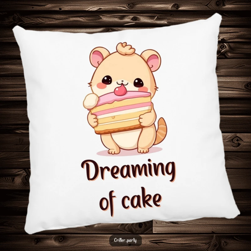 Funny pillow featuring a cute critter joyfully embracing an enormous slice of cake, embodying sweet, comforting humor.