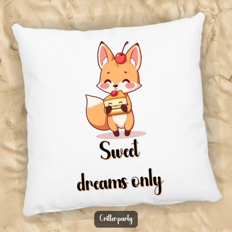 Playful fox holding a slice of cake with a cherry on top, a soft and decorative pillow.