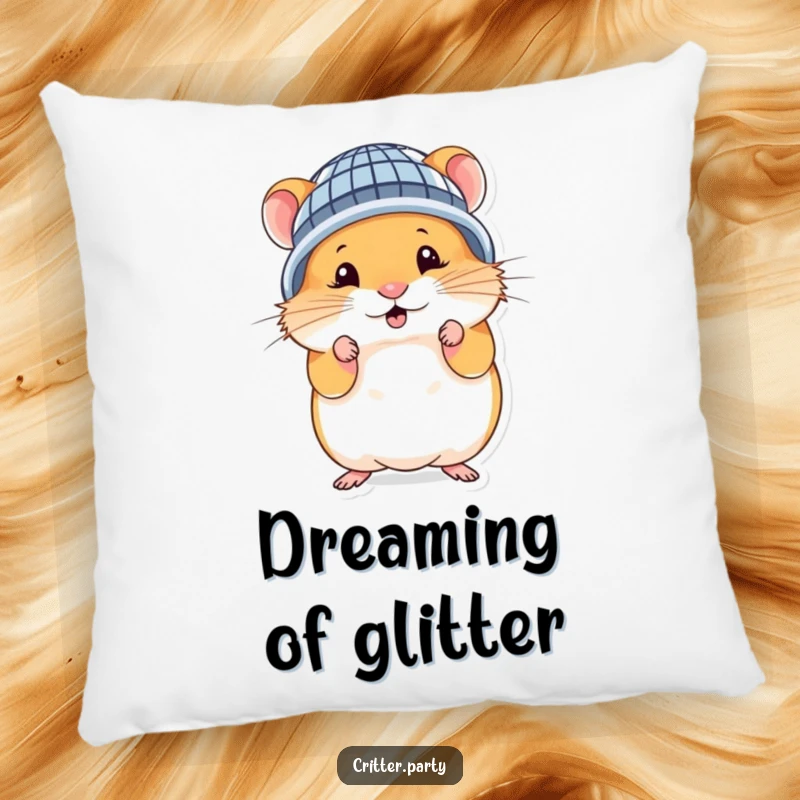 Funny hamster pillow featuring a cute character in a tiny disco ball helmet, striking a silly and fun pose.