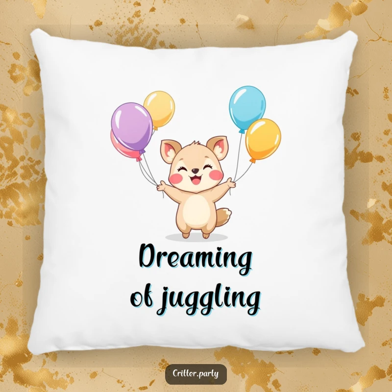Funny pillow featuring a small, smiling animal character skillfully juggling colorful balloons, bringing a touch of playful comfort.