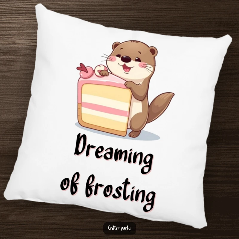 Funny Otter Pillow: A cute, happy otter doing a silly dance around a large piece of cake, adding comfort and humor.