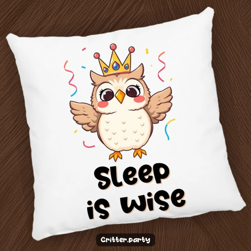 Thrilled owl wearing a festive crown with streamers, a soft and decorative pillow.