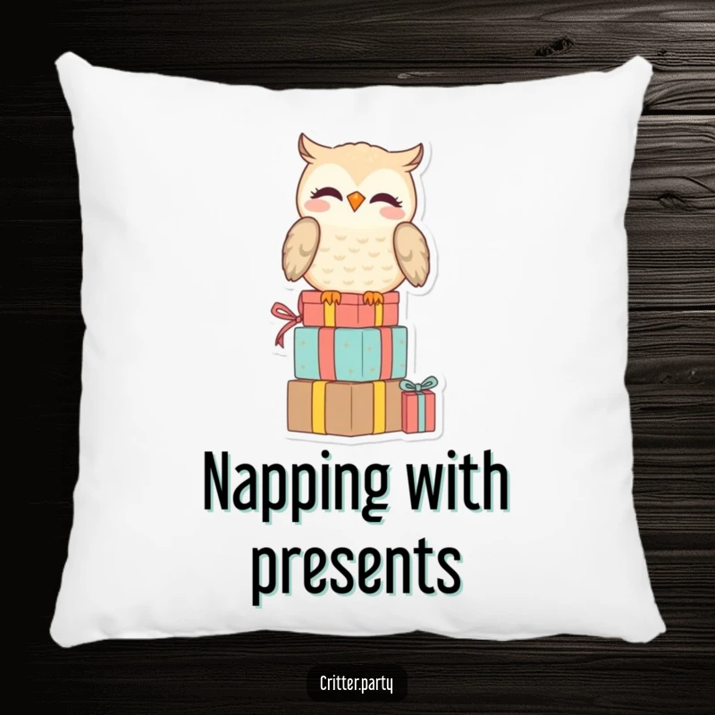 Funny pillow featuring a smiling owl perched on a stack of presents, looking amused, offering cozy comfort and witty charm.