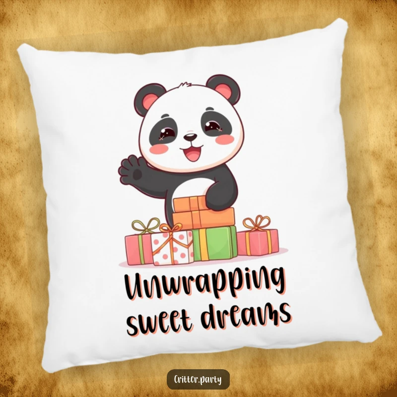 Funny pillow showcasing a joyful panda character emerging from behind a pile of wrapped gifts, waving with a warm, inviting smile.