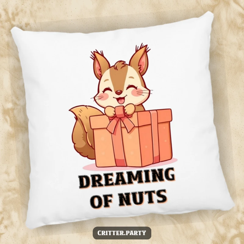 Funny squirrel pillow showcasing a cute squirrel character joyfully unwrapping a huge, ribboned gift, offering comfort and humor.