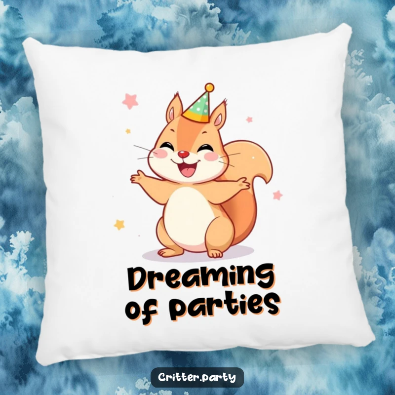 Funny pillow featuring a joyful squirrel wearing a tiny party crown, spinning happily, perfect for soft, humorous comfort and festive decor.