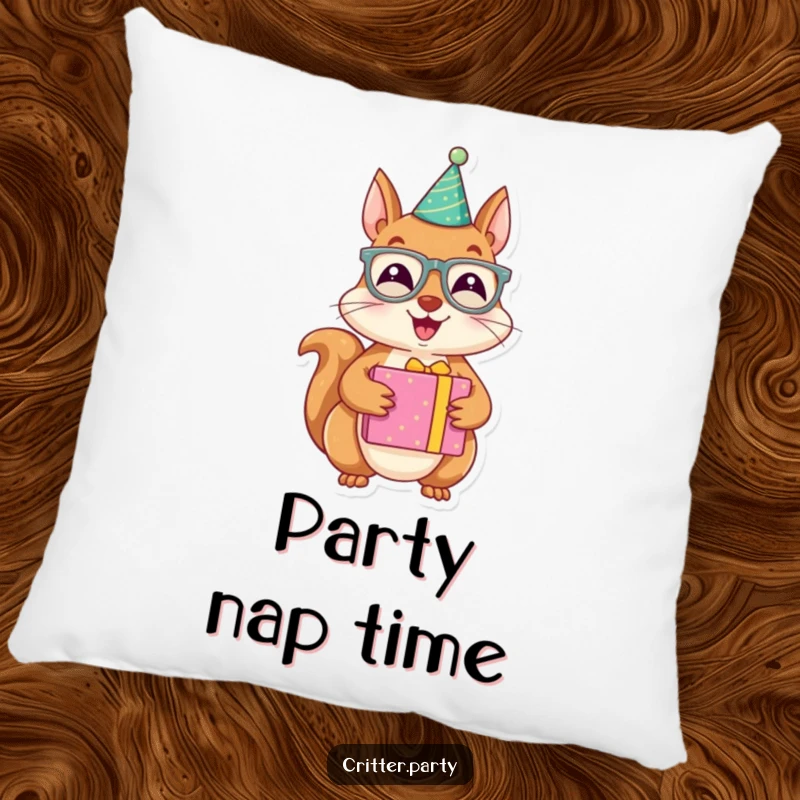 Funny pillow showing a joyous squirrel character wearing party glasses and holding a brightly wrapped present, adding a touch of festive comfort.