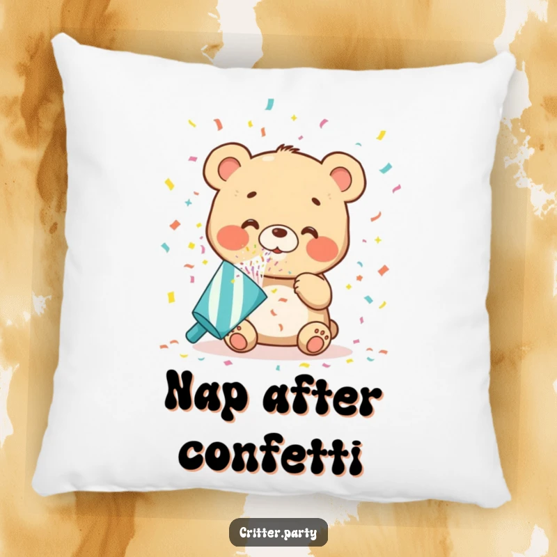 Funny bear cub pillow blowing a burst of confetti from a party popper, offering maximum cute and happy vibes, splendid for a humorous present.