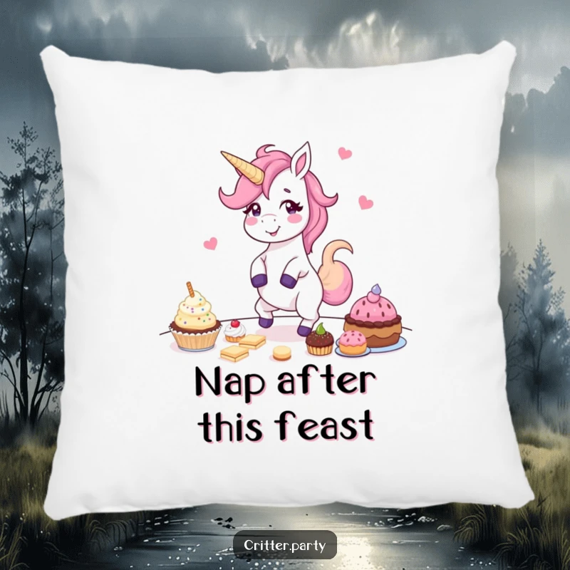 Funny pillow featuring a giggling unicorn happily dancing around a table full of delectable treats, offering both comfort and cheer.
