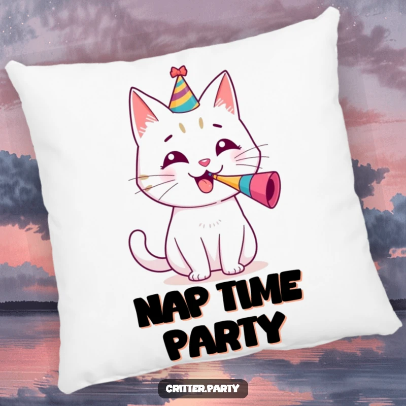 Funny pillow featuring a cheerful cat character wearing a party hat, blowing a tiny party horn with gusto.