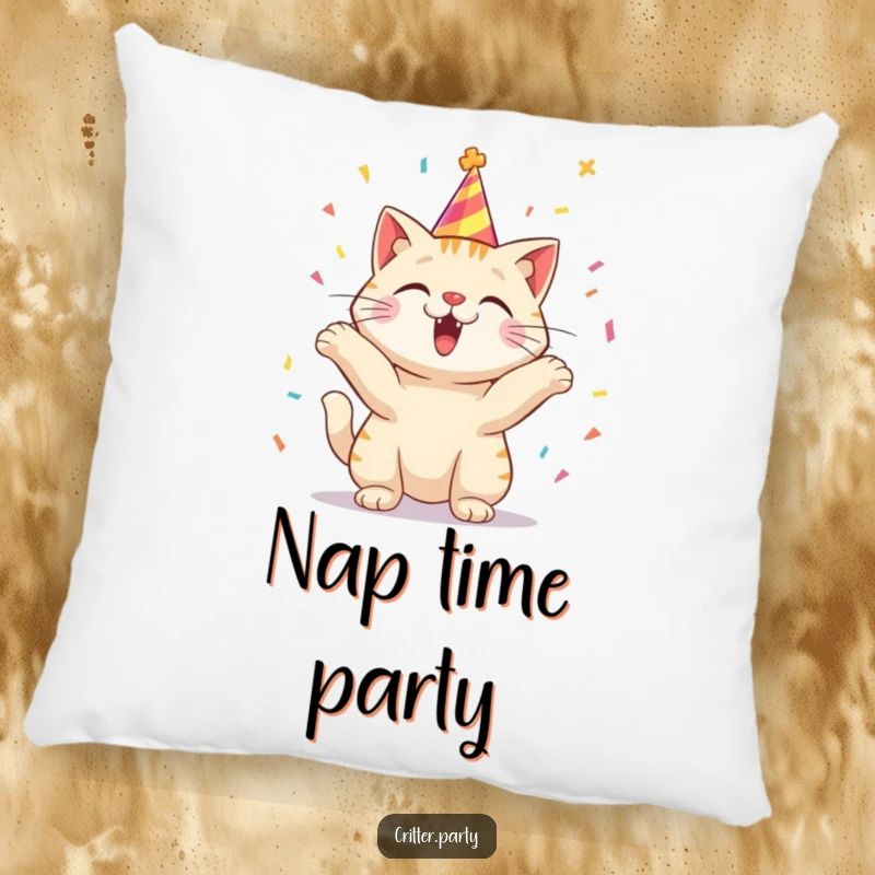 Funny pillow showing an excited cat character wearing a party hat, tossing confetti with glee.
