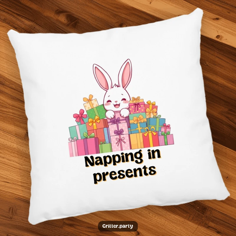 Funny rabbit present pillow with a delighted rabbit character peeking from behind a giant pile of presents, providing comfort.