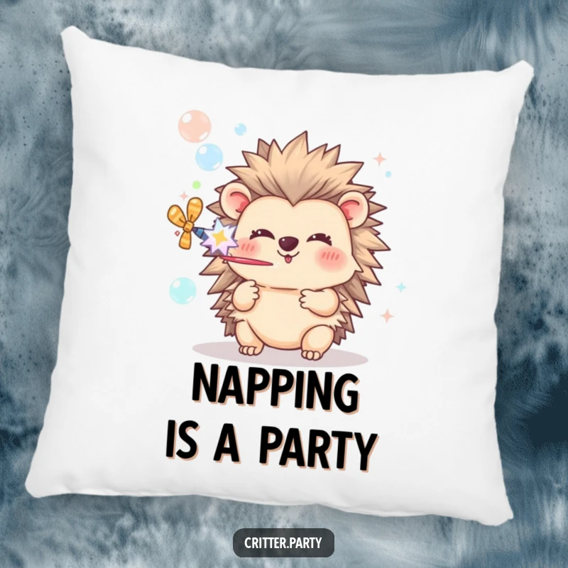 Funny Hedgehog Pillow: A cute hedgehog joyfully pops a party popper, releasing a delightful shower of bubbles for comfort.